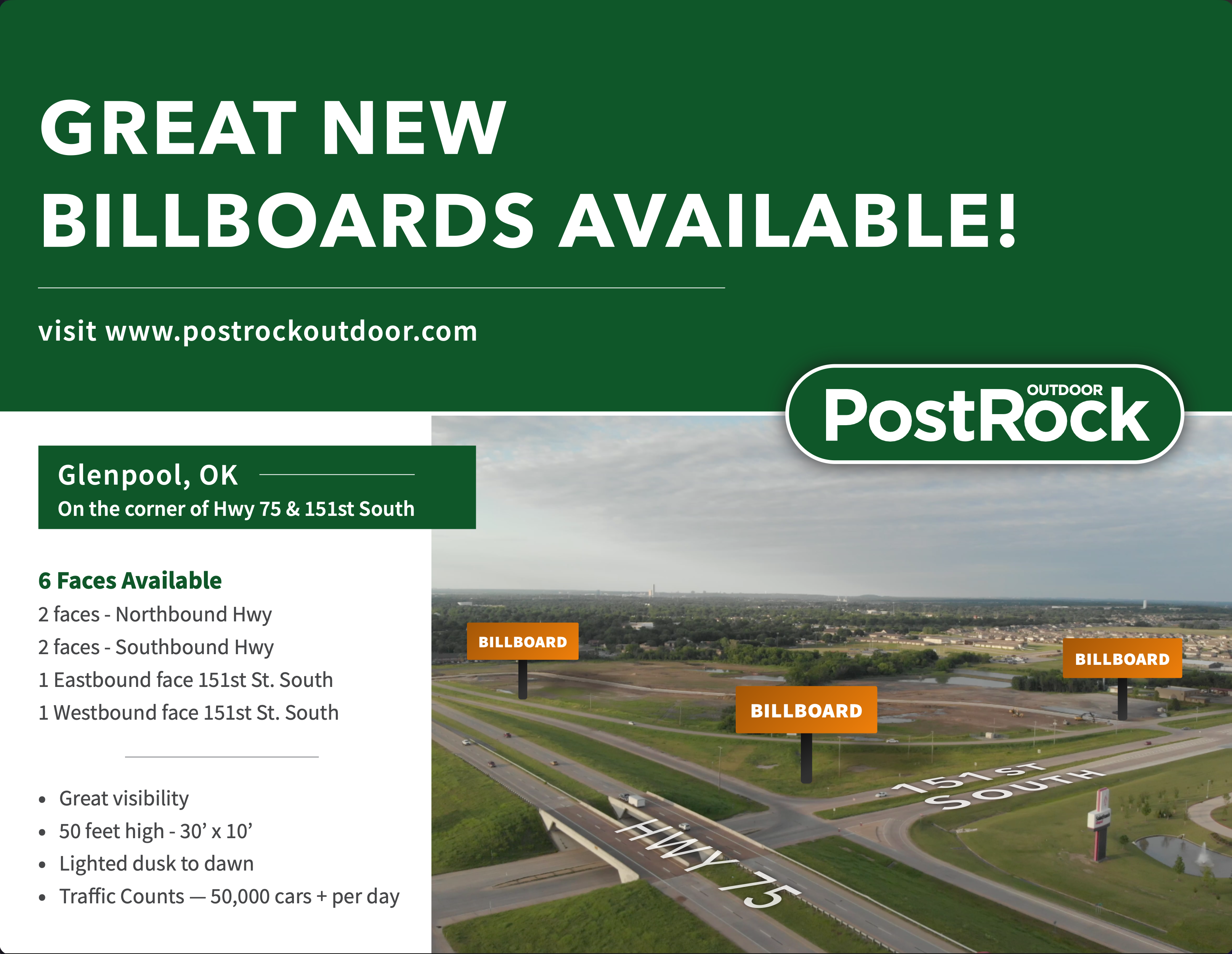 PostRock Outdoor Billboard Information - Glenpool, OK at Highway 75 & 151st Street